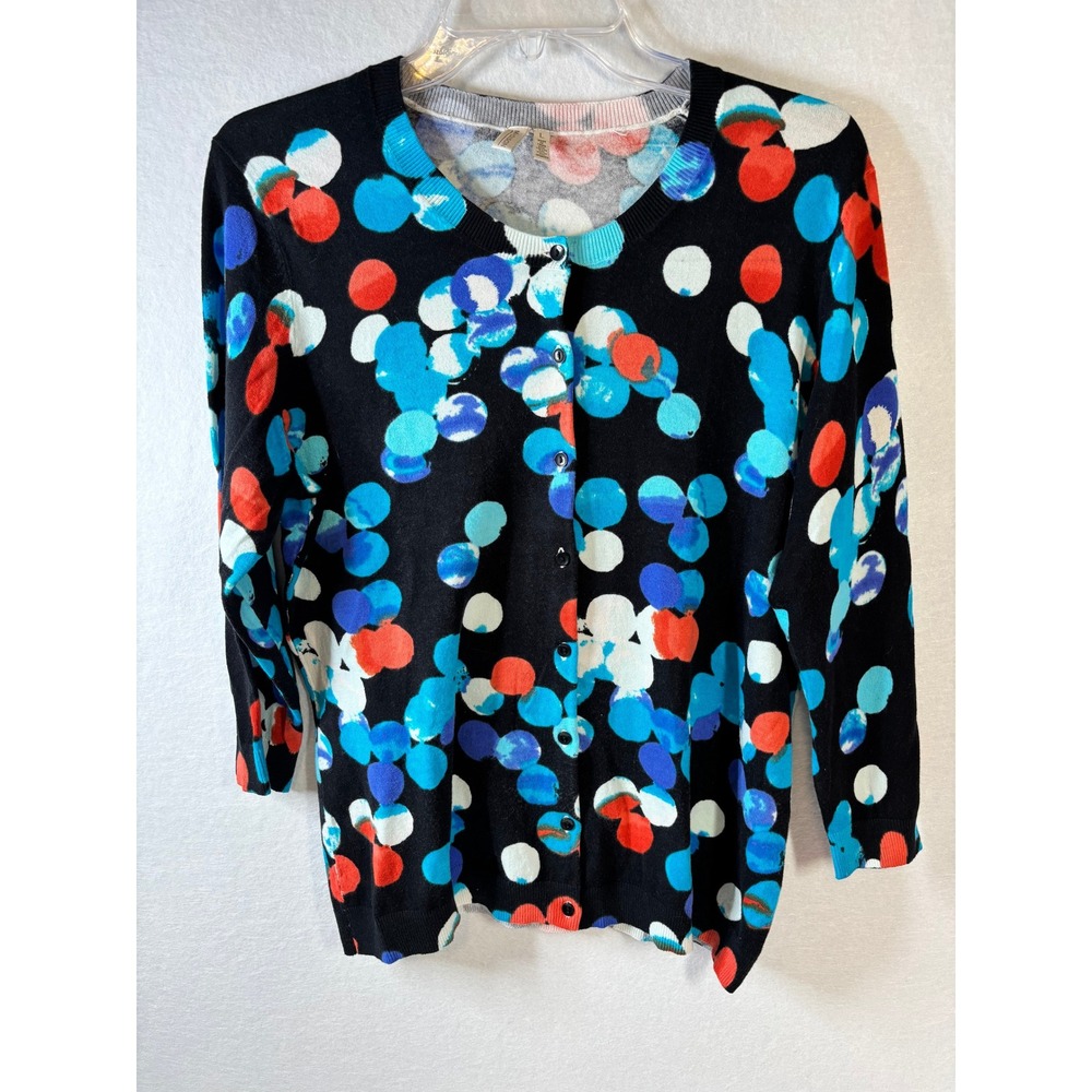 Madison Womens Polka Dot Cardigan Sweater Black Blue Orange 3/4 Sleeve Large